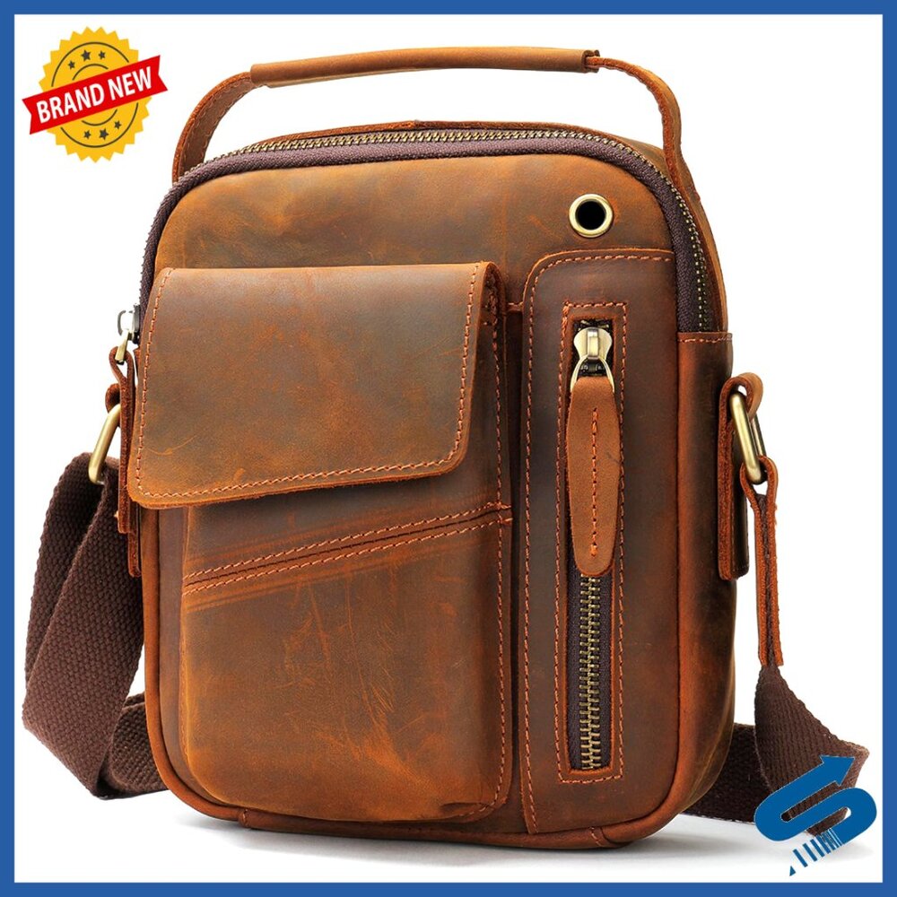 Genuine Leather Crossbody Sling Bag Minimal Messenger Satchel Adjustable Strap
